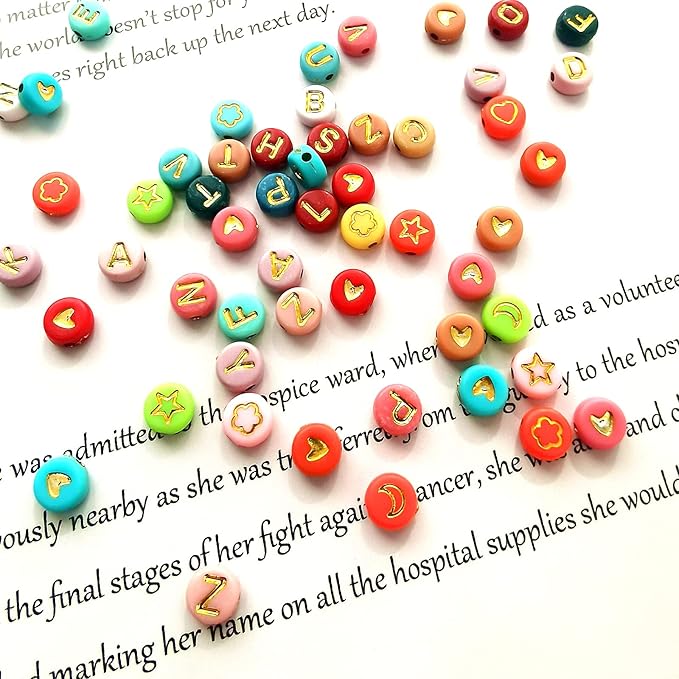 Amaney 1000pcs 4x7mm Alphabet Letter Beads Heart Star Moon Beads Gold on Colors and Beading Cords for Jewelry Making