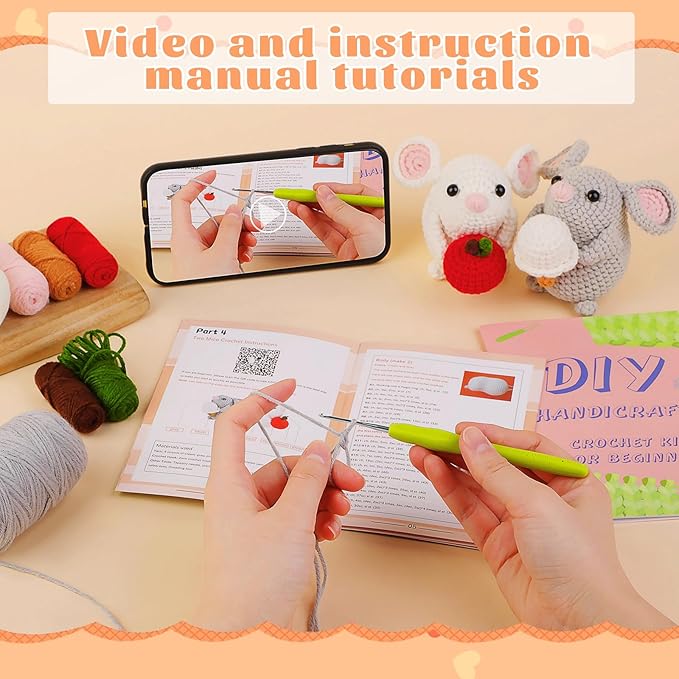 Kogyxe Beginners Crochet Kit, Amigurumi Crocheting Animals Kits w Step-by-Step Video Tutorials, Crochet Starter Kit Knitting Starter Pack for Adults Beginners, 2 Hamster Family (40%+ Yarn Content)