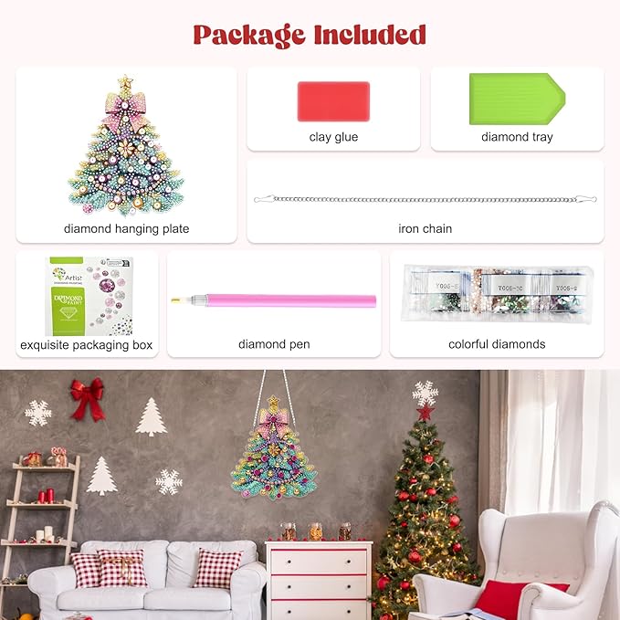 RICUVED Hanging Diamond Art Kit for Adults, Christmas Tree Special Shaped Crystal Gem Craft Diamond Painting Pendant Kit for Beginners, DIY Hanging Acrylic Art Ornament for Home Garden Wall Decor