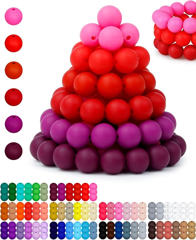 160pcs fiveizero 12mm silicone beads for keychain making, red mixed 6 colors round silicone bead bulk for pens, rubber beads for bracelets and diy crafts