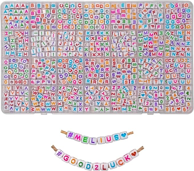 MELIUS Acrylic Square Letter Beads, 1120Pcs 6x6mm in Alphabetical Order A-Z Colorful Letter Beads with Numbers Beads for Jewelry Making, DIY Bracelets, Key Chains (6x6mm, Multicolored)