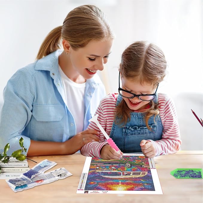 SENQAO Bus Diamond Painting Kits for Adults, Car Flower Full Drill Diamond Dots Paintings for Beginners, Round 5D Paint with Diamonds Pictures Gem Art Painting Kits DIY Crafts Kits 12x16inch