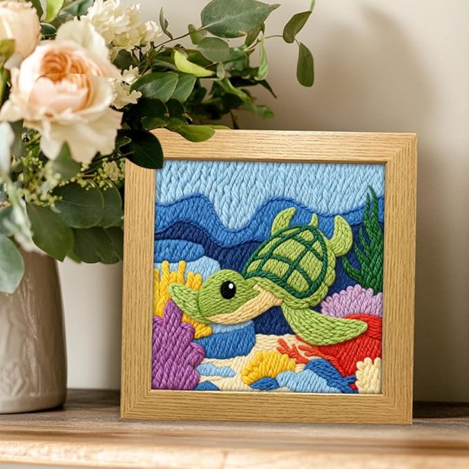 INFUNLY 2PCS Turtles Punch Needle Embroidery Kits for Beginners Sea Turtles DIY Punch Needle Starter Kit Animal Handcraft Cross Stitch Rug Hooking Kit with Instruction for Festival Gift Home Decor