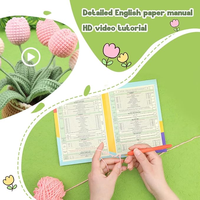 kgxulr Crochet Kit for Beginners, Tulip Crochet Starter Kit Beginner for Complete Beginners Adults, Crocheting Knitting Kit with Step-by-Step Video Tutorials (Tulip)