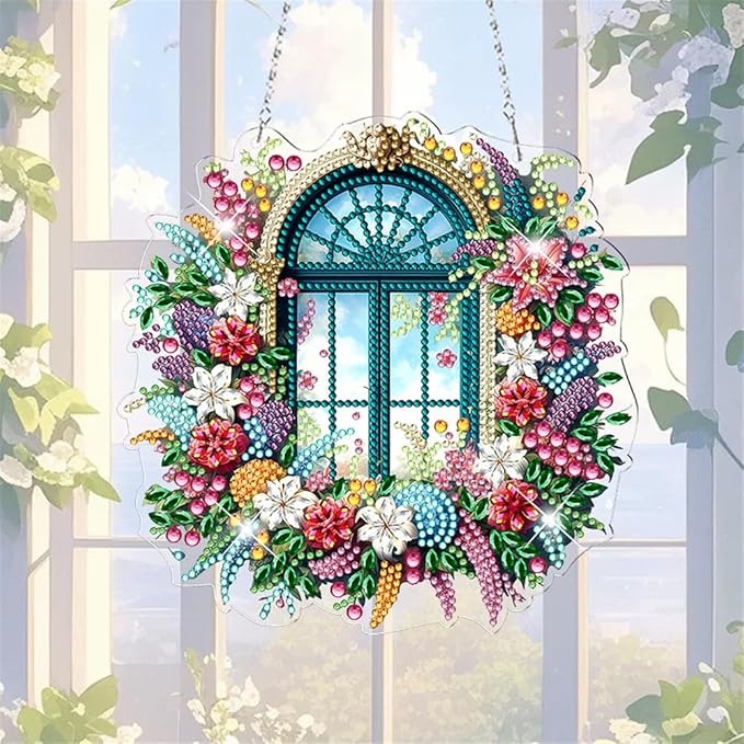POETRYDRAW DIY Hanging Diamond Art Pendant Kit Window View, Special Crystal Acrylic Diamonds Painting Ornament for Adults, 5D Diamond Art Suncatchers Gem Painting Box Kit
