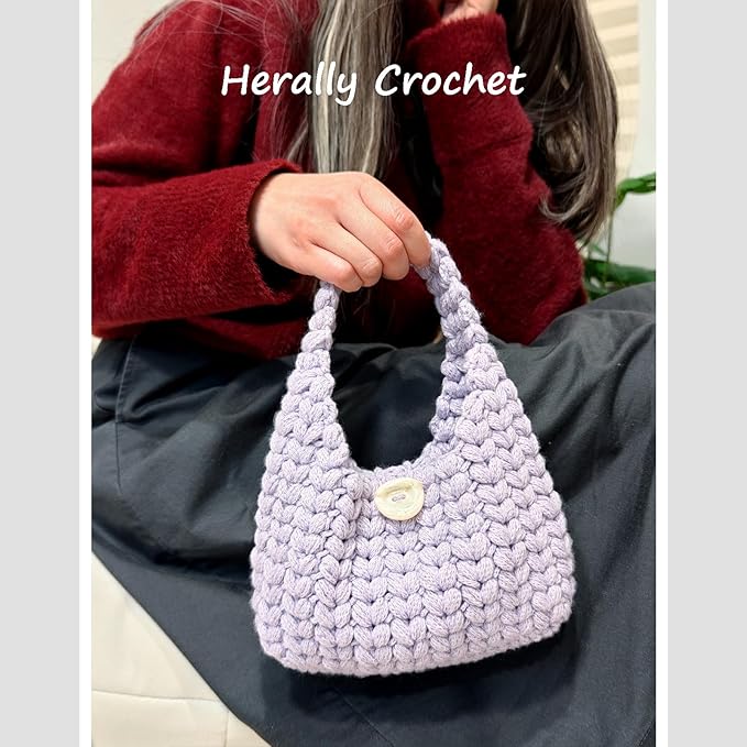 Herally Crochet Kit DIY for Beginners - Include Yarn, Hook and Accessory - with Step by Step Video Tutorials - Wheatear Hobo Bag (Lavender)