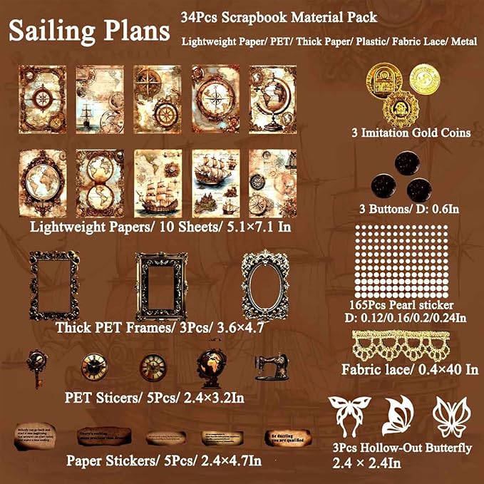 CraftBloom Sailing Scrapbook Kit 34Pcs, Vintage Nautical Junk Journal Supplies with Paper Ephemera, PET Stickers, Lace Trim, Pearl Stickers, Buttons & Gold Coins for Scrapbooking Journaling Collage
