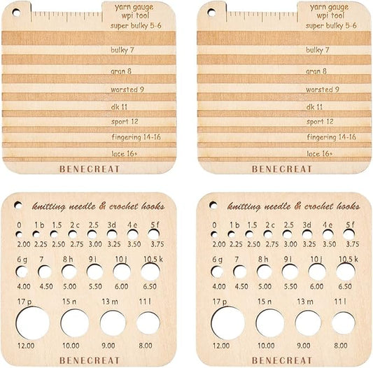 BENECREAT 4Pcs Wood Knitting Gauge Rulers, 2 Style Square Knitting Tool Crochet Hook and Knitting Needle Gauge, 2.5x2.5x0.2inch