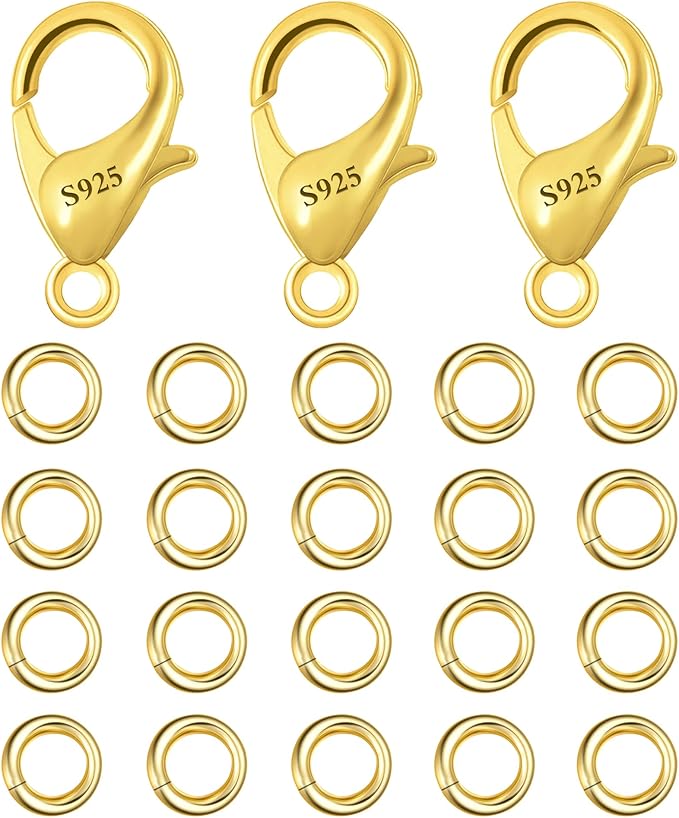 23Pcs 14K Goldplated Lobster Claw Clasps 10mm with Open Jump Rings Jewelry Making Set, 925 Sterling Silver Jewelry Finding Supplies Small Gold Lobster Clasps for Necklaces Bracelet Chains Connector