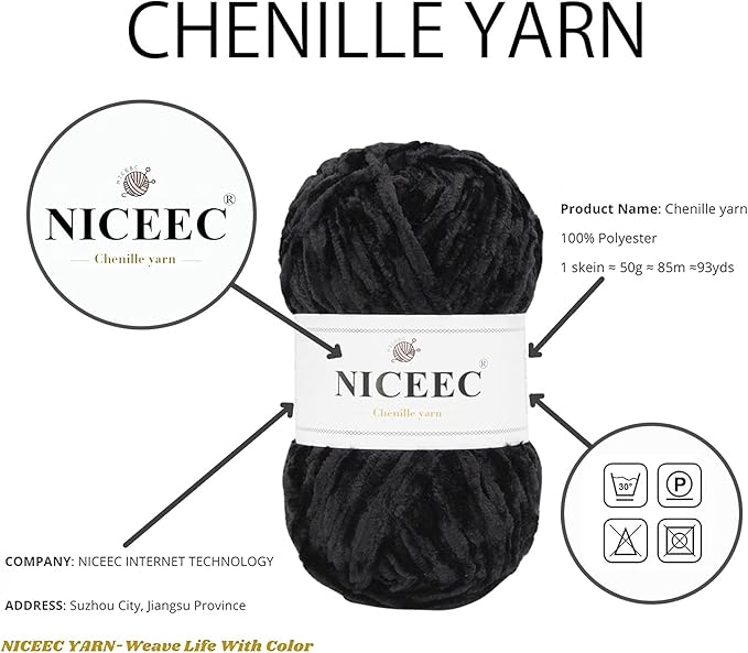 NICEEC 3 Skeins Soft Chenille Yarn Blanket Yarn for Knitting Fancy Yarn for Crochet Weaving DIY Craft Total Length 3×85m (3×93yds, 3×50g)_Black