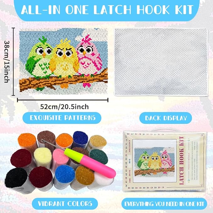 ORIGACH Funny Bird Latch Hook Rug Kit for Adults Printed Rug Making Kit Handmade Carpet Tapestry Cover with Hook Latch and Preprinted Canvas, Home Arts Crafts Sofa Decor, 20.5x15inch