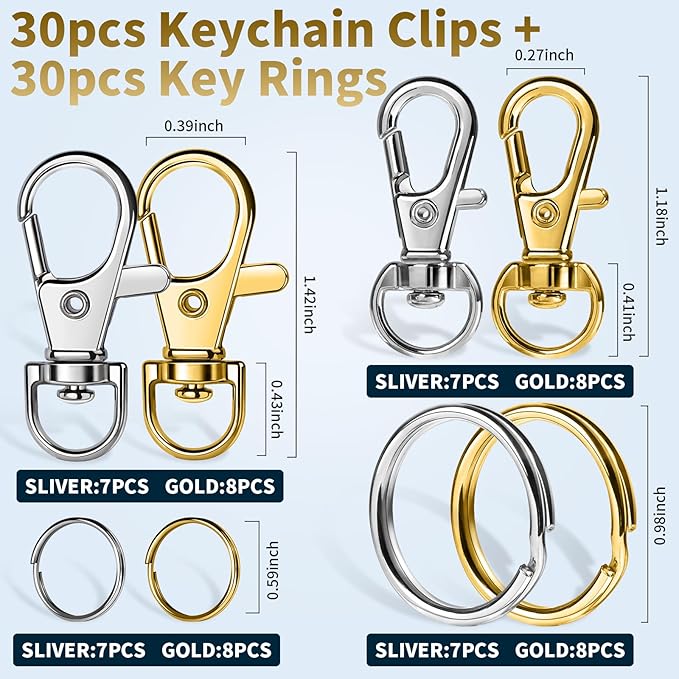 LEOBRO 60 PCS Lobster Claw Clasps and Key Rings, Keychain Clips and Key Chain Rings, Keychain Making Kit, for Key Chains, Jewelry Making, Crafts, Gold & Silver