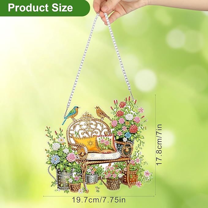 CEOVR Garden Birds Hanging Diamond Art for Adults, Spring Birds Flower Diamond Painting Pendant DIY Gem Art Wall Hanging Ornament, Acrylic Home Decor with Chain, Box Kit 7.75×7inch