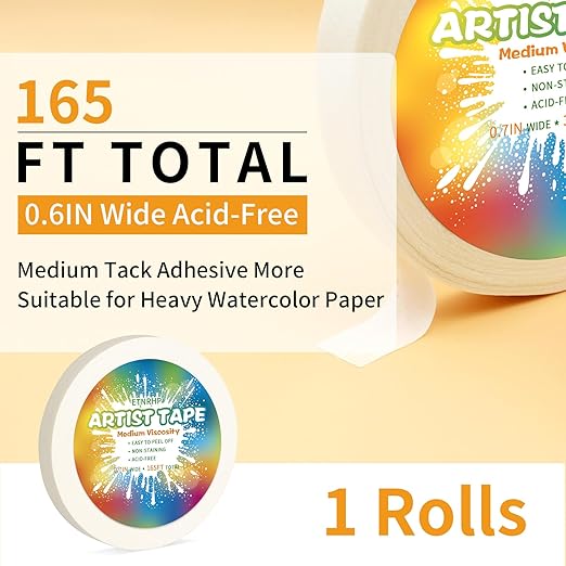 White Art Tape Medium Tack Artist Masking Tape Paper Acid Free Tape Watercolor Painters Tape Artists Tape for Drafting Art Watercolor Painting Canvas Framing, 0.7 inch Wide 165FT Long