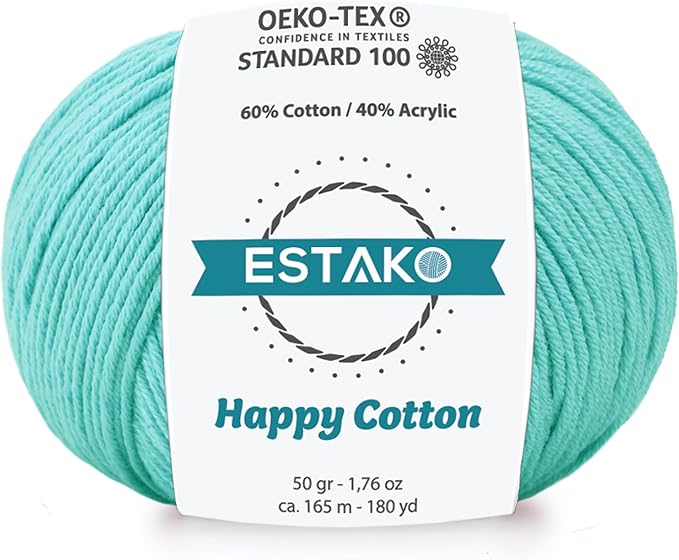 Estako Happy Cotton, 60% Cotton 40% Acrylic Yarn, Soft, Fine/Sport (2) for Crochet and Knitting 1.76 Oz (50g) / 180 Yrds (165m) (4260 - Cyan)