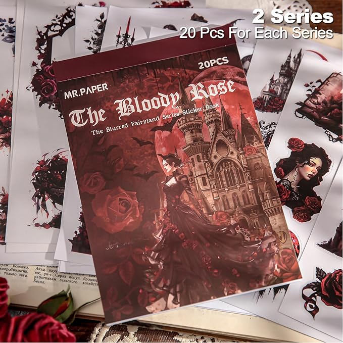 Pre-Cut Gothic and Vintage Sticker Book Set, 40 Pages of Dark Rose and Urban Street Ephemera for Scrapbooking, Journaling, DIY Crafting, and Art Supplies
