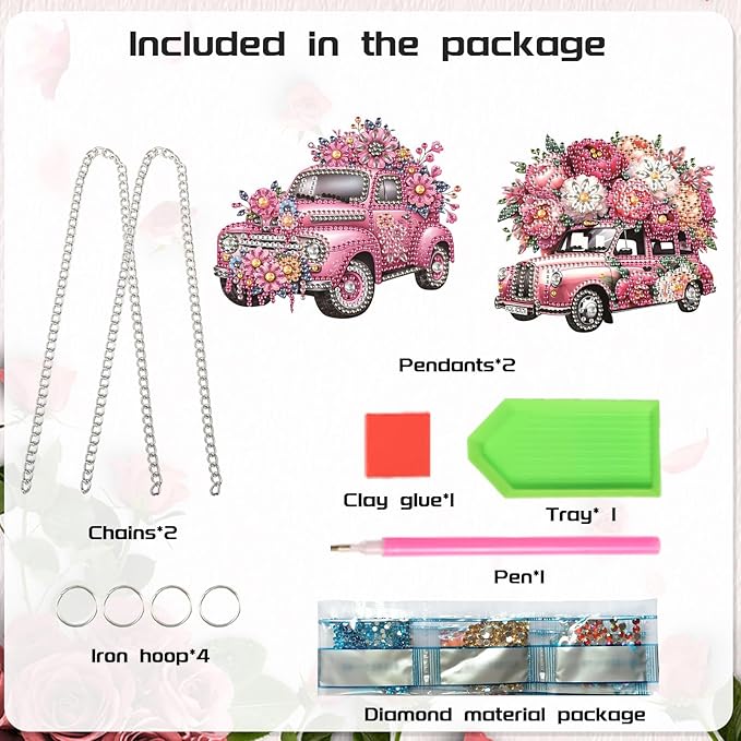 2 Pack Diamond Painting Car Charms – Pink Floral DIY Hanging Ornaments with Rhinestones for Women, Car Mirror or Room Decor