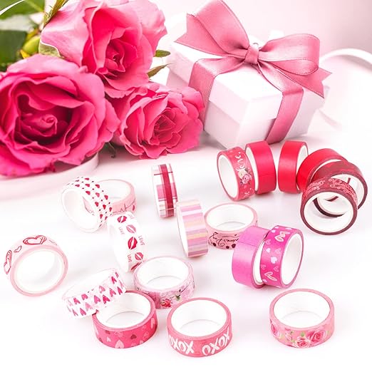 Pink Decorative Tape Set 20 Rolls Heart Floral Washi Tape Aesthetic DIY Valentines Masking Tape for Kids Craft Notebook Scrapbooking & Stamping Supplies