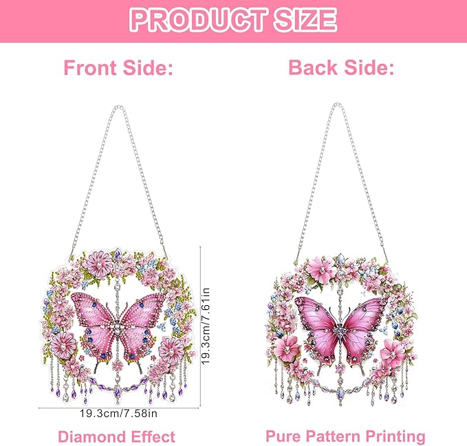 QENSPE Diamond Art Hanging Kits for Adults, 5D Pink Butterfly Special Shape Diamond Paingting Ornaments Kits with Chain, DIY Crystal Window Pendants for Home Garden Wall Decor Double Sided 8X8 inch