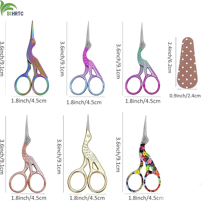 BIHRTC 3.6inch Little Cross Stitch Scissors with Leather Cover Stainless Steel Crane Design Embroidery Scissors Tailor for Sewing Crafting Art Work Threading Needlework