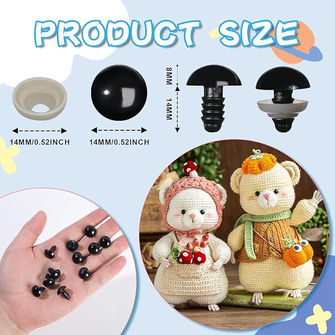 320Pcs Safety Eyes for Crocheting Amigurumi 14mm Craft Doll Eyes for Crochet Animals with Washers, Stuffed Animal Eyes for Plush Dolls Bear Doll Making Supplies