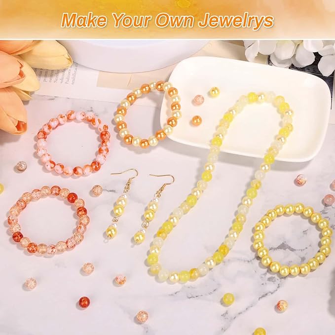 PAXCOO 720pcs 8mm Glass Beads for Jewelry - 24 Color Loose Beads for Bracelets, Earrings, Necklaces - Jewelry Making Supplies, Orange and Yellow