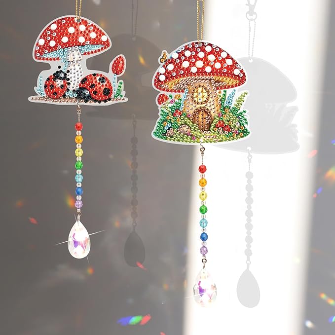 LazyFold 2 Pcs Diamond Painting Wind Chime Kits,Red Mushroom DIY Diamond Art Painting Wind Chime Kits Crystal Art Suncatchers for Adults Home Garden Window Craft Gift