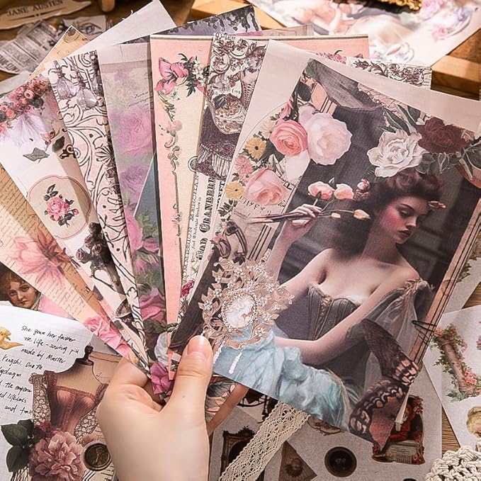 50 Sheets Victorian Journaling Stickers and Collage Paper, Ephemera Book for Junk Journals Supplies, Scrapbooking, 30 Sheets Pre-Cut Washi Stickers, 20 Decorative Background Papers
