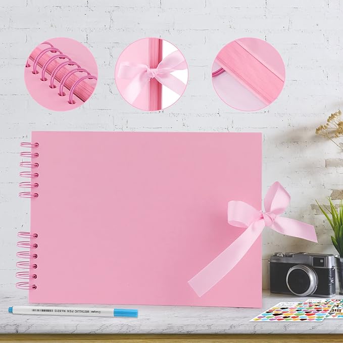Gotideal 80 Pages Scrapbook Album with 10 Metallic Markers, Craft Paper Photo Album for Wedding and Anniversary, Family DIY Scrapbook Accessories with Scrapbooking Stickers Corners(Pink)