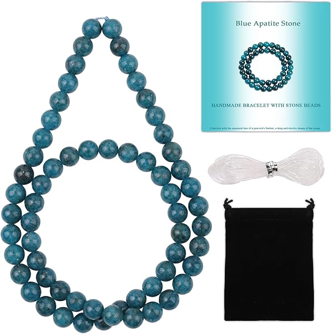 Stone Beads, 60pcs Blue Apatite, 6mm Round Loose Beads for Jewelry Making, Bracelets, with Bag, String & Card