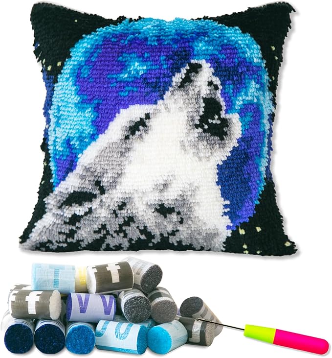 LAPATAIN Latch Hook Kits for DIY Throw Pillow Cover,Needlework Cushion Cover Hand Craft Crochet for Great Family 17X17inch Wolf(Moon)