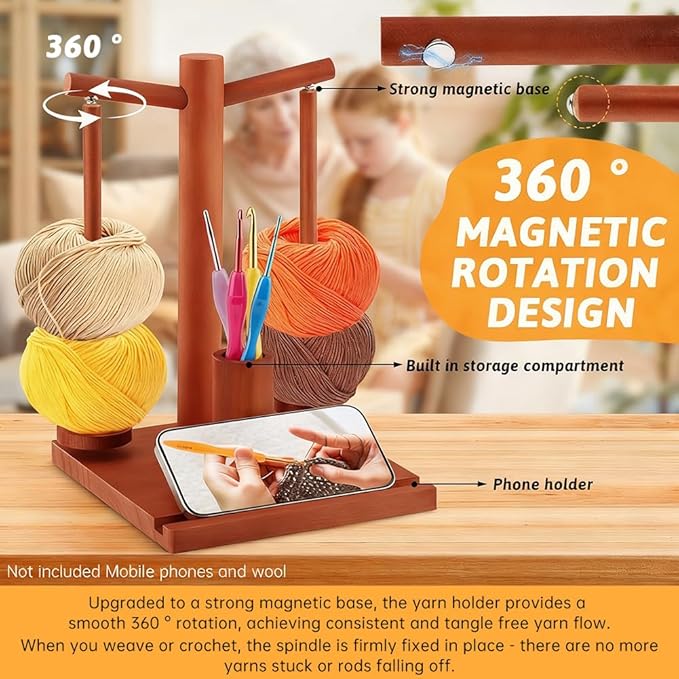 Wooden Yarn Holder - 9PCS Crochet Hooks, Magnetic 2-Spindle Spinner for Crocheting & Knitting | with Phone Stand & Hook Storage | Yarn Enthusiasts' Choice