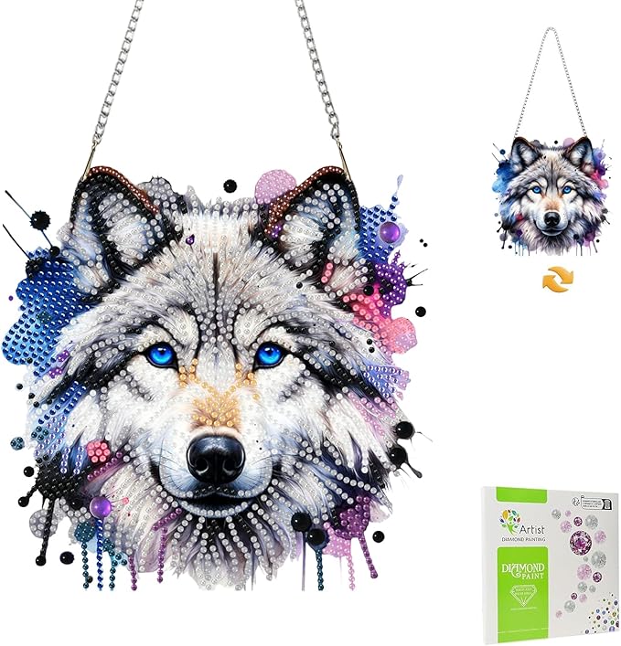 Masendp Wolf Diamond Art Pendant Kit, 5D DIY Special Shape Diamond Art Kit for Adults, Crystal Rhinestone Wolf Diamond Painting Animal Gem Artist Home Decorations