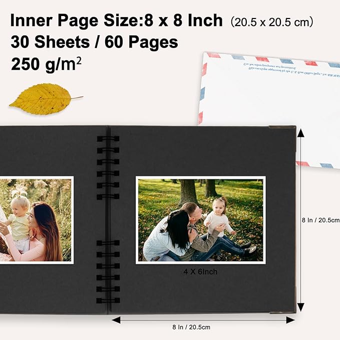Scrapbook Album, 8 x 8 Inch Scrap book, 60 Black Blank Pages Scrapbooks albums, Hardcover Photo Album Scrapbook, Memory Book, Traveling, Birthday & Holiday Gifts.
