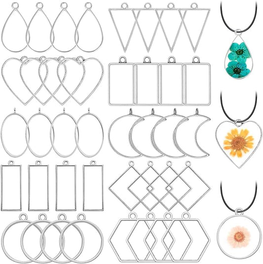 40pcs Open Bezel Pendants for Resin,10 Styles Hollow Frame Pendants Blank Resin Pendants Resin Casting Frame Pendant for Jewelry Making,Resin Casting,Necklace,Pressed Flower,DIY Crafts(White K)