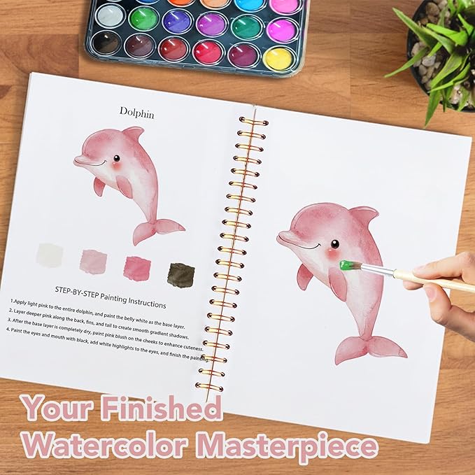 Easy Watercolor Workbook for Beginners - 12 Beautiful Step-by-Step Paintings Water Coloring Book, Includes 18 Colors Paints, Relaxing Art Projects and Creative Gift for Adults & Teen (Marine Animals)