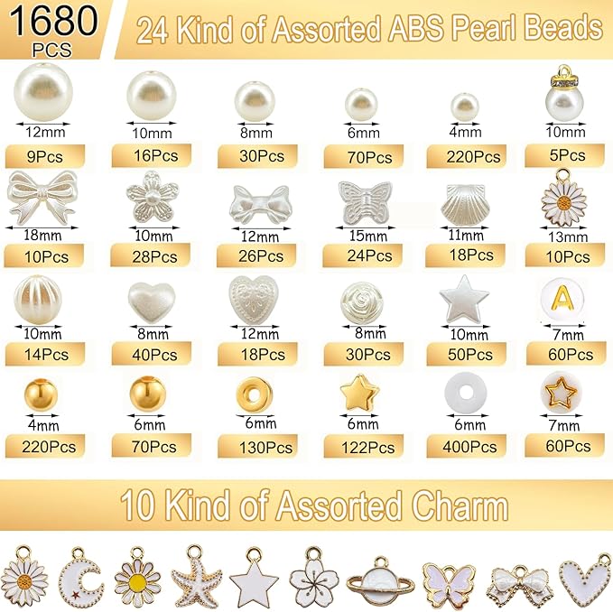 1680pcs Assorted Pearl Beads Bracelet Making Kit, Flower Bow Butterfly Star Heart Cly Bead Letter Gold Spacer Bead Kawaii Aesthetic Acrylic Cute Beads Charms for Jewelry Bracelet Making DIY Necklace