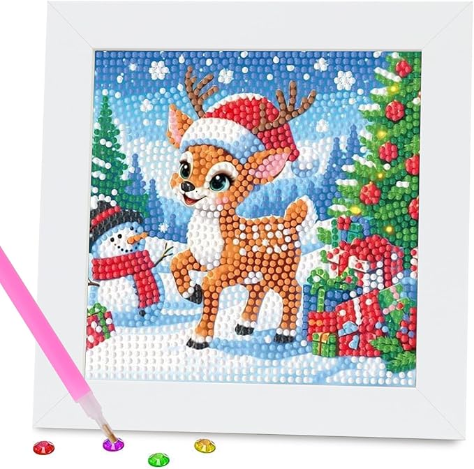 PERFECTSIGHT Cute 5D Diamond Art Kits with Wooden Frame, Kawaii DIY Painting Art for Adults Teen, Diamond Arts and Crafts Sets, Big Gem Full Drill Diamond Dots for Women Beginners (Deer)