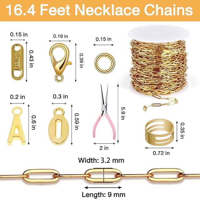 16.4Ft Paperclip Chains Rolls, Charm Necklace Chain 3.2mm Width，18K Gold Necklace Chain for Jewelry Making，Plated Charm Bracelet Making kit with 10 Lobster Clasps and 60 Jump Rings (Gold Combination)