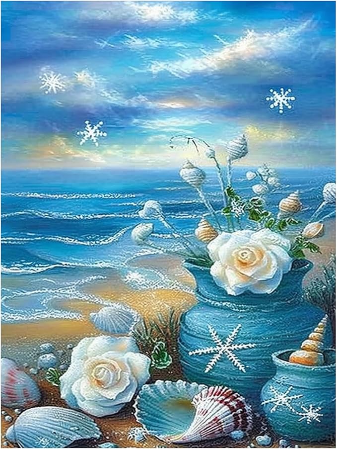 DOTZSO Beach Diamond Painting Kits for Adults, Easy DIY 5D Round Full Drill Diamond Art kit Diamond Dot Crystal Gem Art and Craft for Beginners Home Wall Decor 12x16 Inches