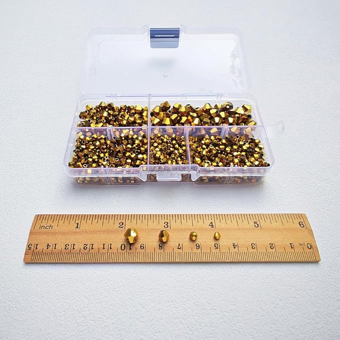 Bicone Glass Beads for Jewelry Making, Faceted Crytal Spacer Beads for Bracelet Necklace Earring (3mm 4mm 6mm 8mm Mixed Sizes, Deep Gold 1040pcs)