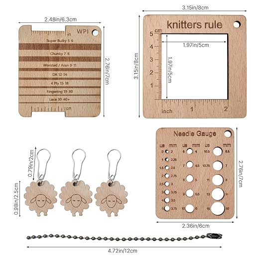 3 Pcs Wood Knitting Gauge Rulers with Lamb Marking Button, 3 Style Square Knitting Tool, Crochet Hook & Knitting Needle Gauge & Knitting Rule, Sewing Rulers for Art Sewing Knitting Crafts