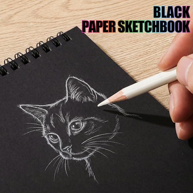 30 Sheets Black Paper Sketchbook, 98lb/160gsm Heavyweight Black Sketch Pad 8×8in, Acid-Free Drawing Paper, Spiral Bound Sketch Book for Teens, Artist