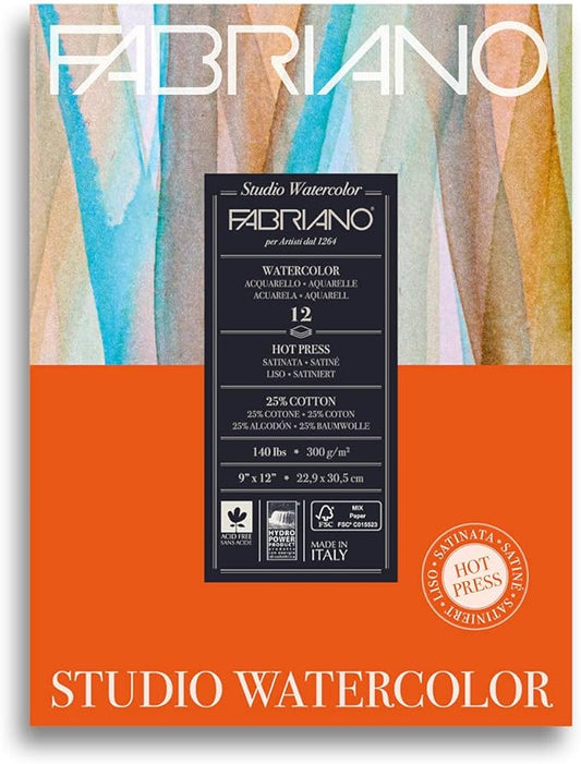 Fabriano Studio Watercolor Pad, Hot-Press, 9" x 12", 140 lb., 12 Sheets