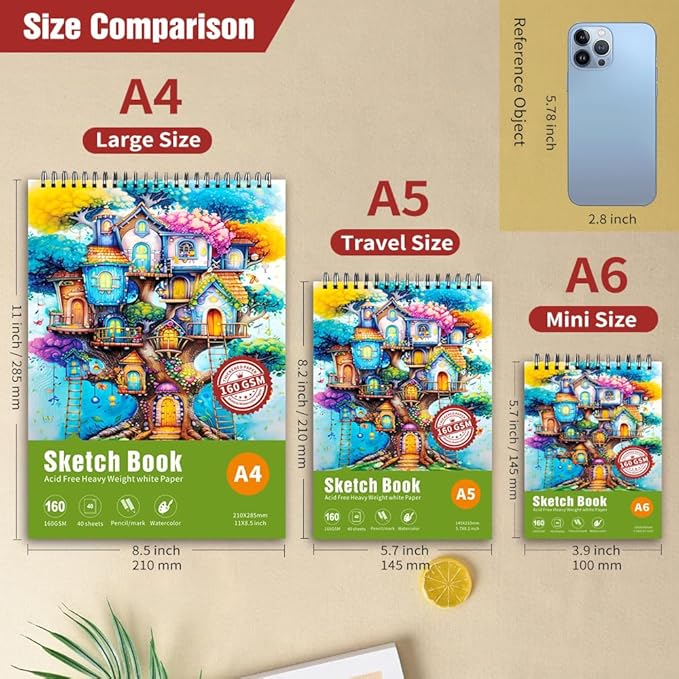 Thickened Mixed Media Sketchbook - Three Different Sizes, Drawing Paper Pad-108lb/160gsm, (Colorful Tree, Gift Set （A4+A5+A6)