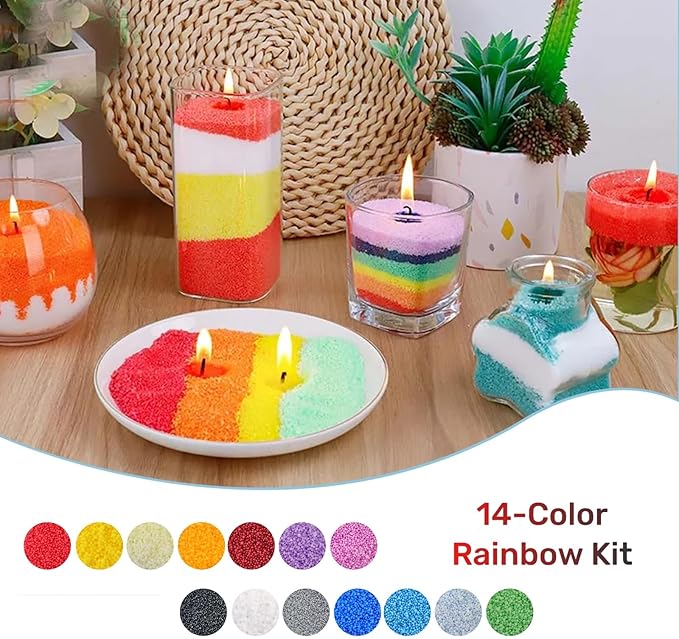 14-Color Pearled Candle Sand Set 24.7oz Colorful Sand Candle Wax with 50pcs Wicks & Candle Trays Refillable Unscented Candle Making Sand Wax for Home Décor, Handcraft and Gifting (14-Color Set)