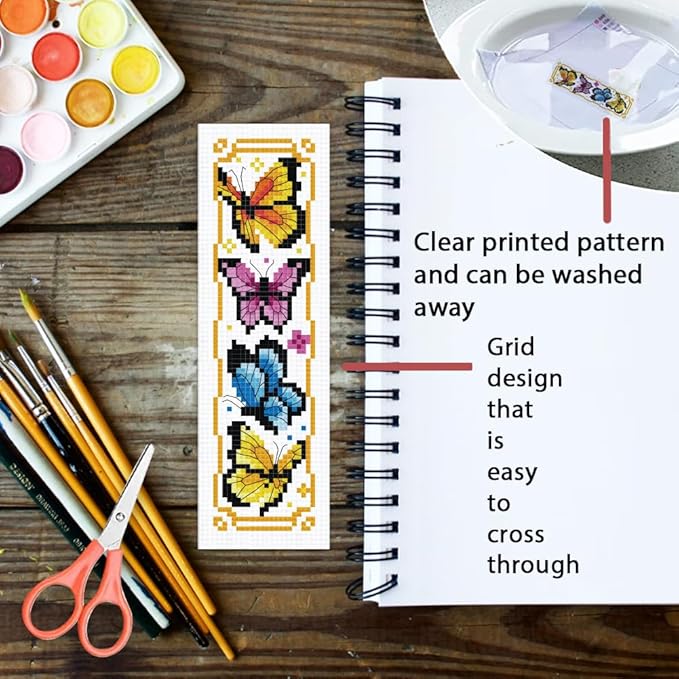 ORIGACH 6 Pcs Cross Stitch Bookmark Kit for Beginner Adults, Flowers and Butterflies Stamped Embroidery Bookmark Kit with Instruction for Starters Printed Cross Stitch DIY Kits for Book Lovers