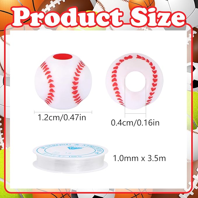 100pcs Baseball Beads with 5.5 Yard Elastic Rope,Acrylic Softball Beads Sports Bead DIY Spacer for Necklace Bracelet Keychains Handmade Jewelry Making Accessories Craft Supplies,12mm(White)