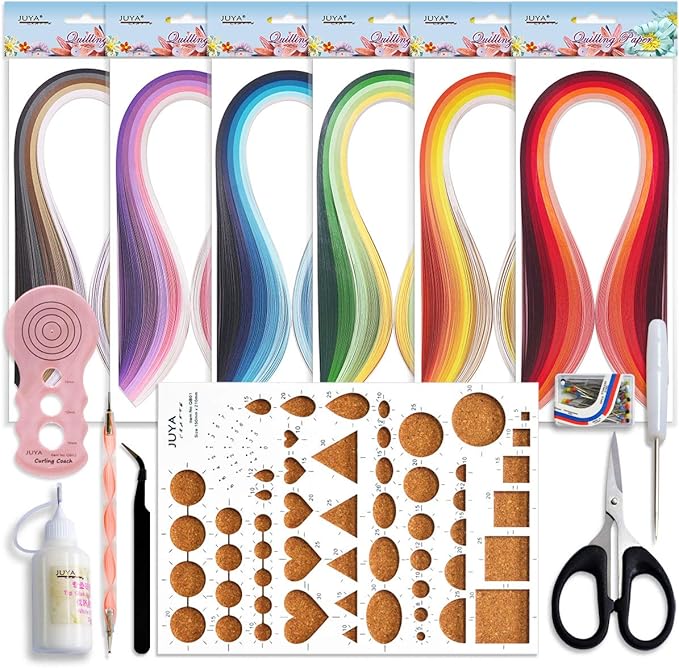 JUYA Paper Quilling Kits with 30 Colors 600 Strips and 8 Tools (Width:5mm with Glue, Pink Tools)