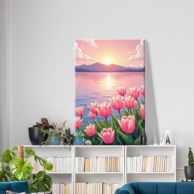 ATDMS Paint by Numbers Kit for Adults with Frame Flowers Adult Paint by Number Kits Framed Canvas Seaside Sunset Paint by Number with Easel DIY Mountain Oil Painting kits for Home Wall Decor 8x12 Inch